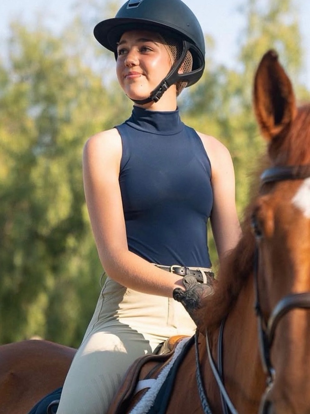 Mock Neck Sleeveless Riding Tank Top in Navy